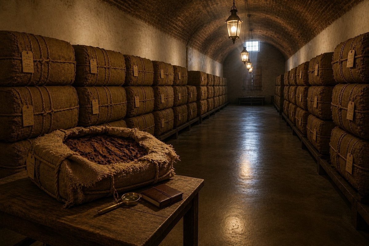 Tobacco bales in the aging cellar