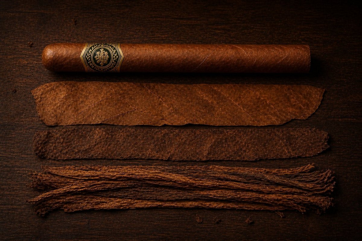 Anatomical diagram of a premium cigar with parts labeled