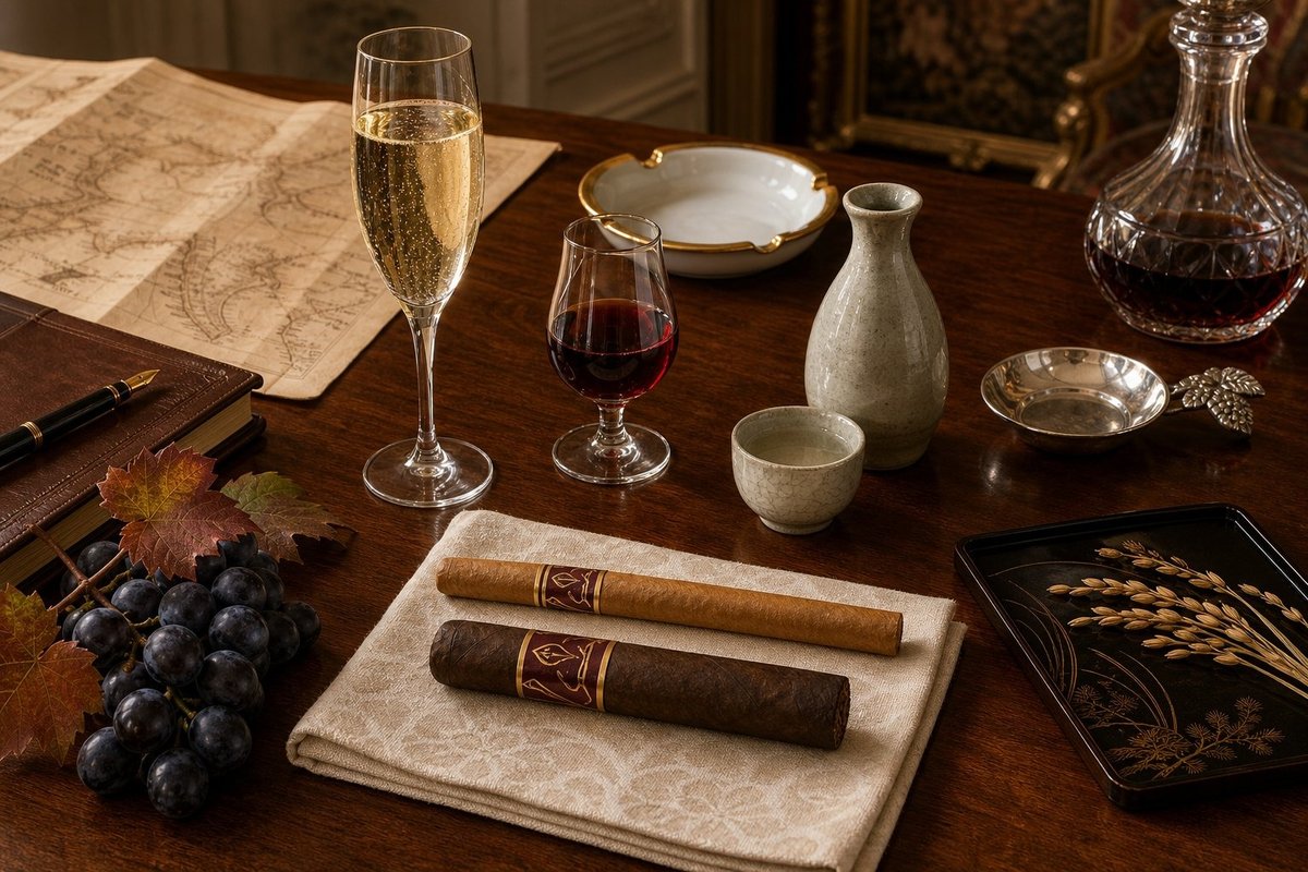 Cigar with vintage champagne in flute
