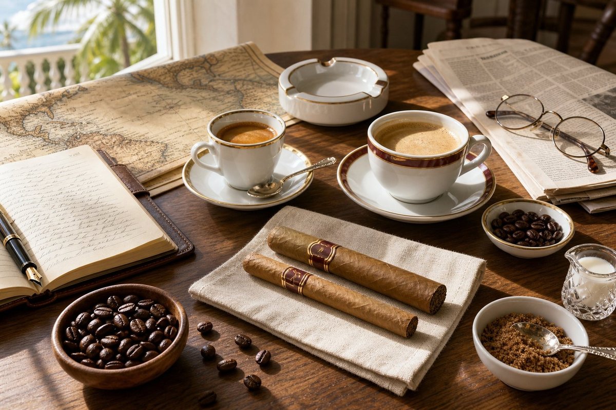 Cigar with espresso on the editorial bench