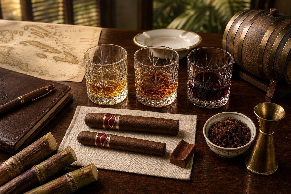 Cigar with aged Cuban rum on editorial desk