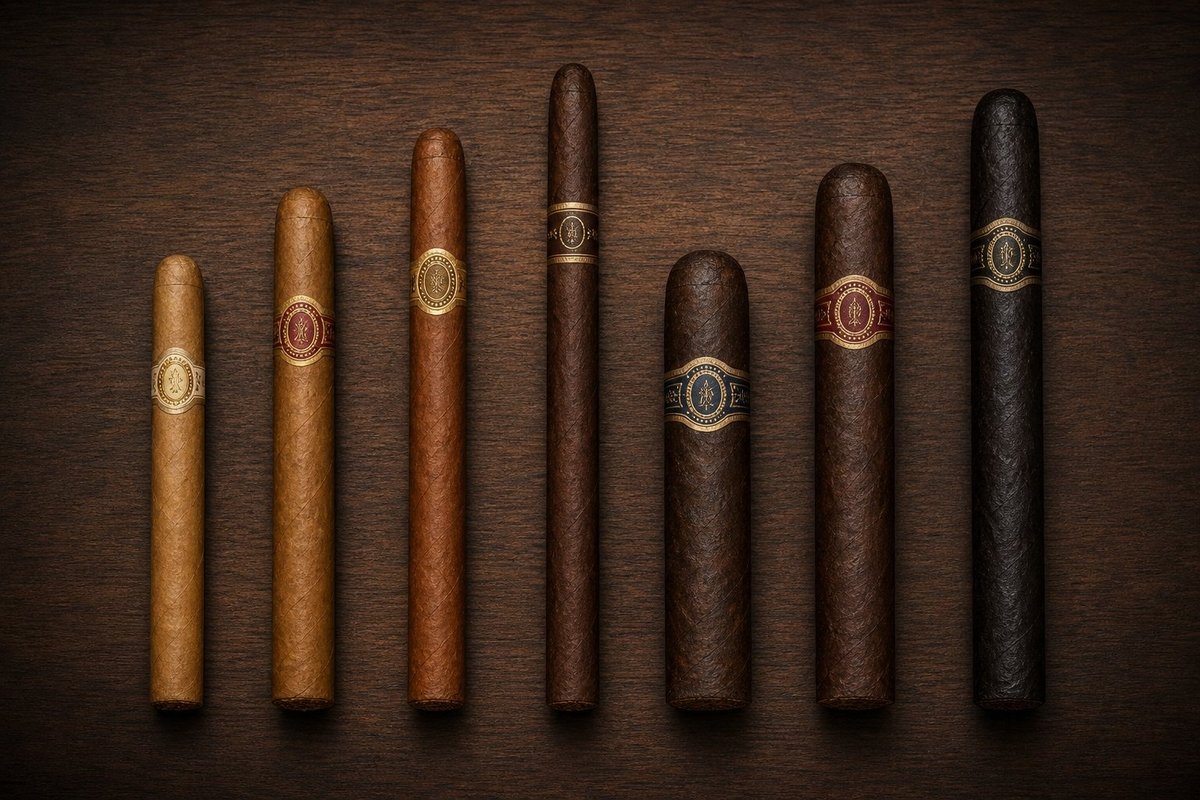Cigar vitolas laid out from lancero to gordo