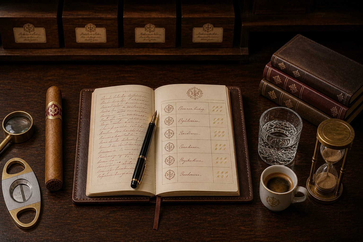 KCS scoring apparatus on the editorial desk: notebook, brass loupe, and reference cigars