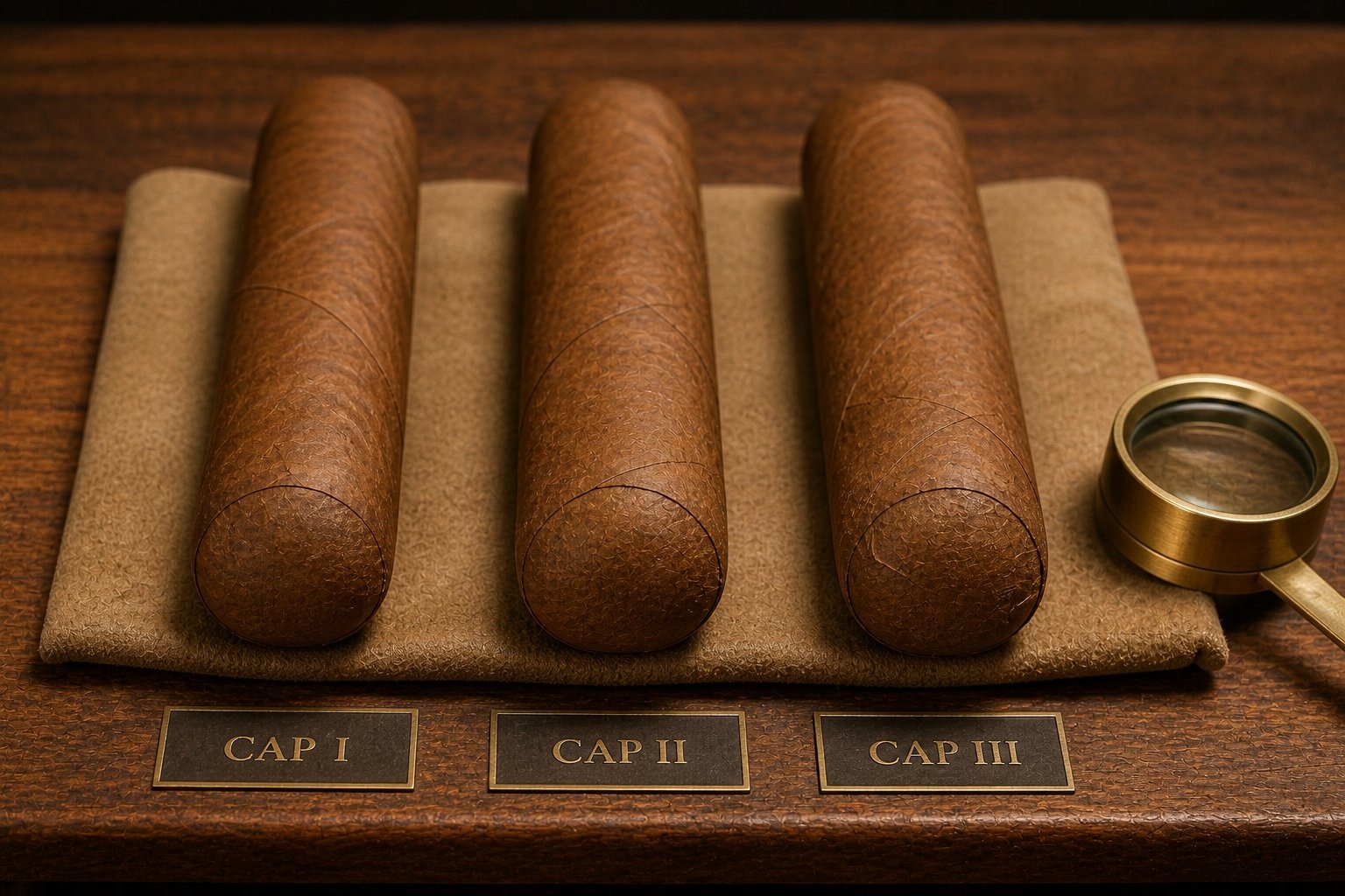 Three cigars side by side showing single, double, and triple cap construction with brass loupe