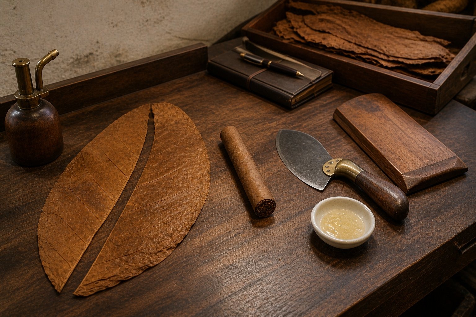 Tobacco wrapper leaves of different categories laid out on the editorial bench